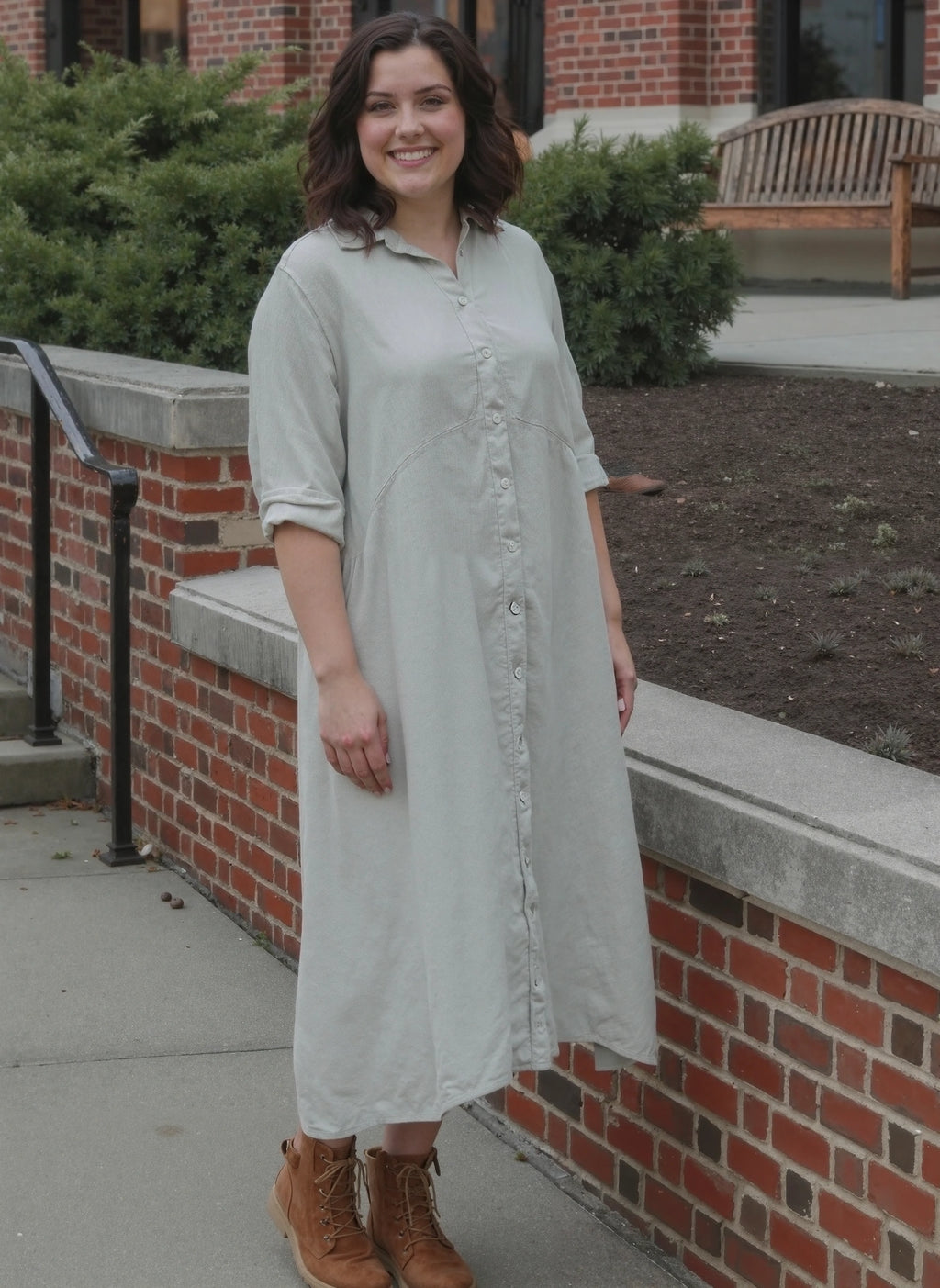 Women in a Linen button-front maxi dress in cream - sustainable fashion