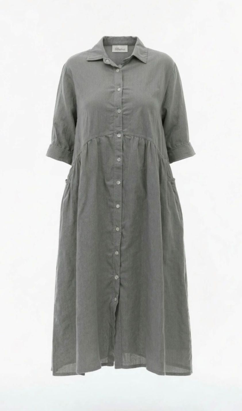Linen button-front maxi dress in taupe - sustainable fashion