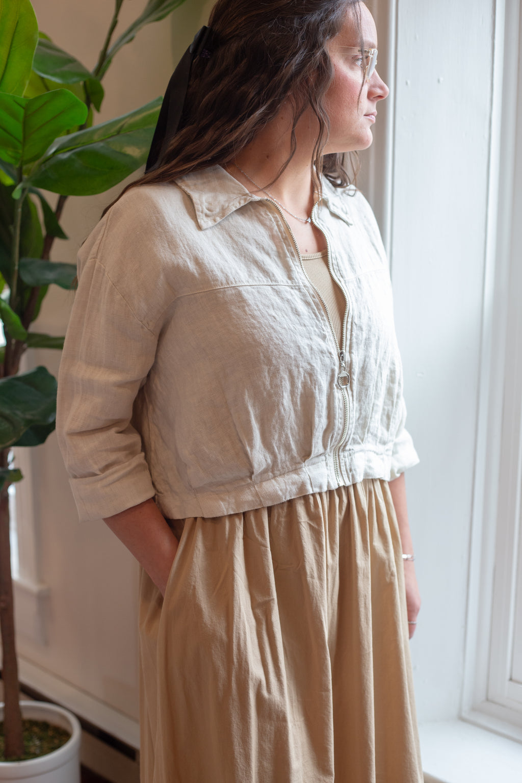 100% linen jacket detail - natural texture and relaxed silhouette