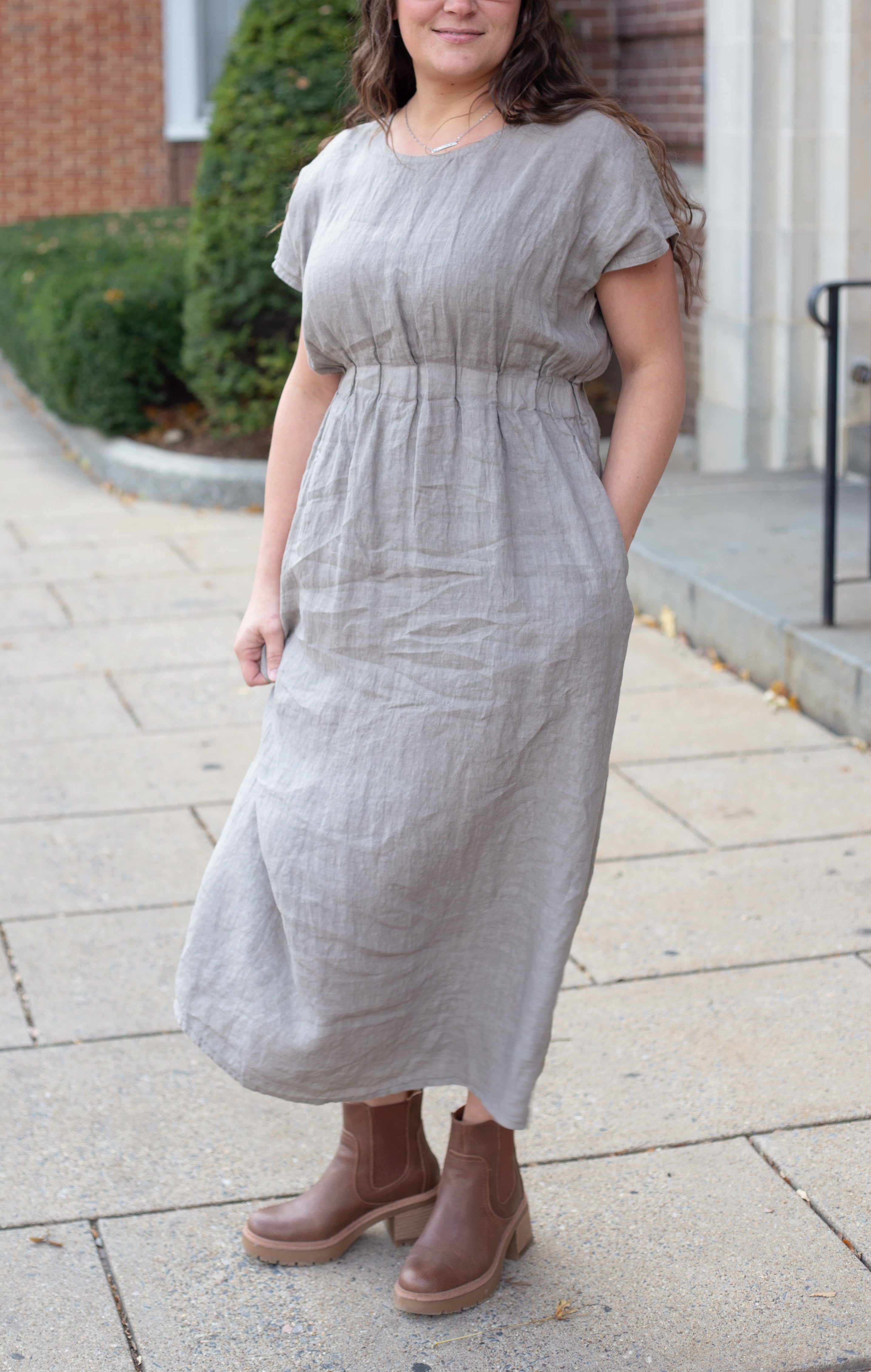 Linen Maxi Dress - Sustainable Textured Elegance | Grace & Garment Taupe Linen Maxi Dress - Sustainable Textured Elegance | Grace & Garment Taupe