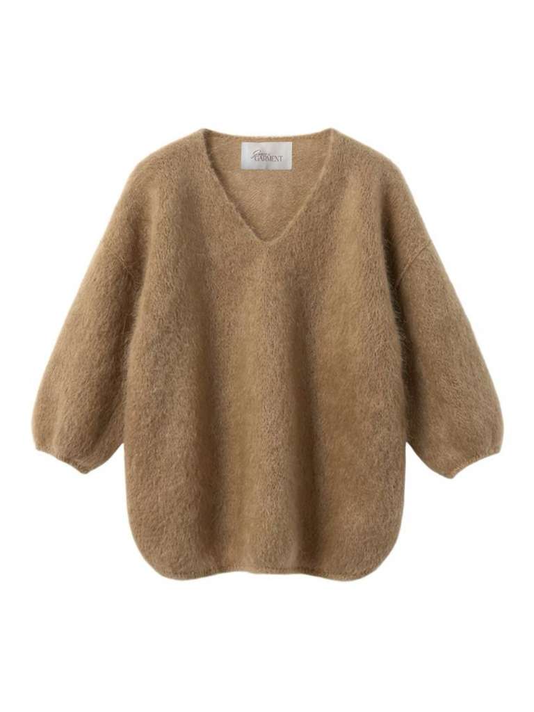 Sustainable mohair v-neck pullover sweater in tan - eco-friendly knitwear